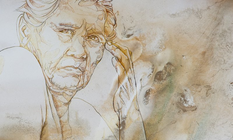 Drawing with coloured pencil.